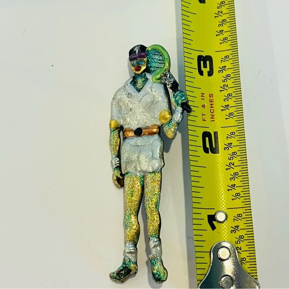 Vintage 90s JJ Jonette Embossed Pewter Enamel, Glitter Tennis Player Brooch/Pin